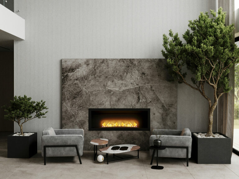 Luxury living room with multicolored granite fireplace