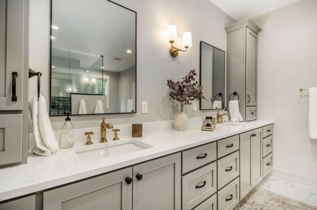 Porcelain slab countertops on a bathroom vanity