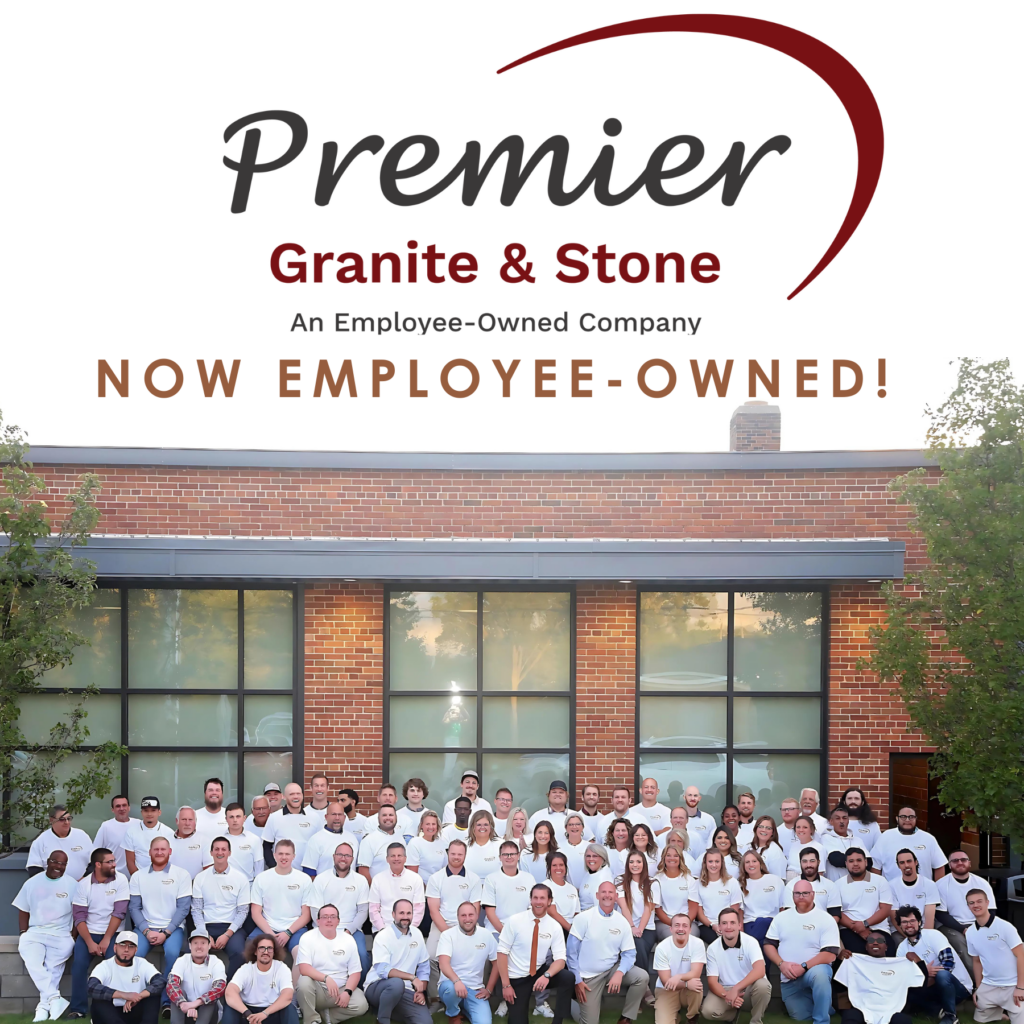 Graphic with team photo, Premier Granite logo, and text saying "Now Employee Owned"